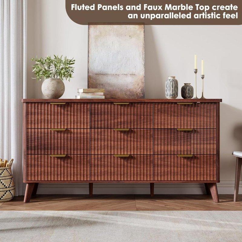 Ceviz Yivli 9 Çekmeceli MDF Şifonyer - 154 cm - 299856