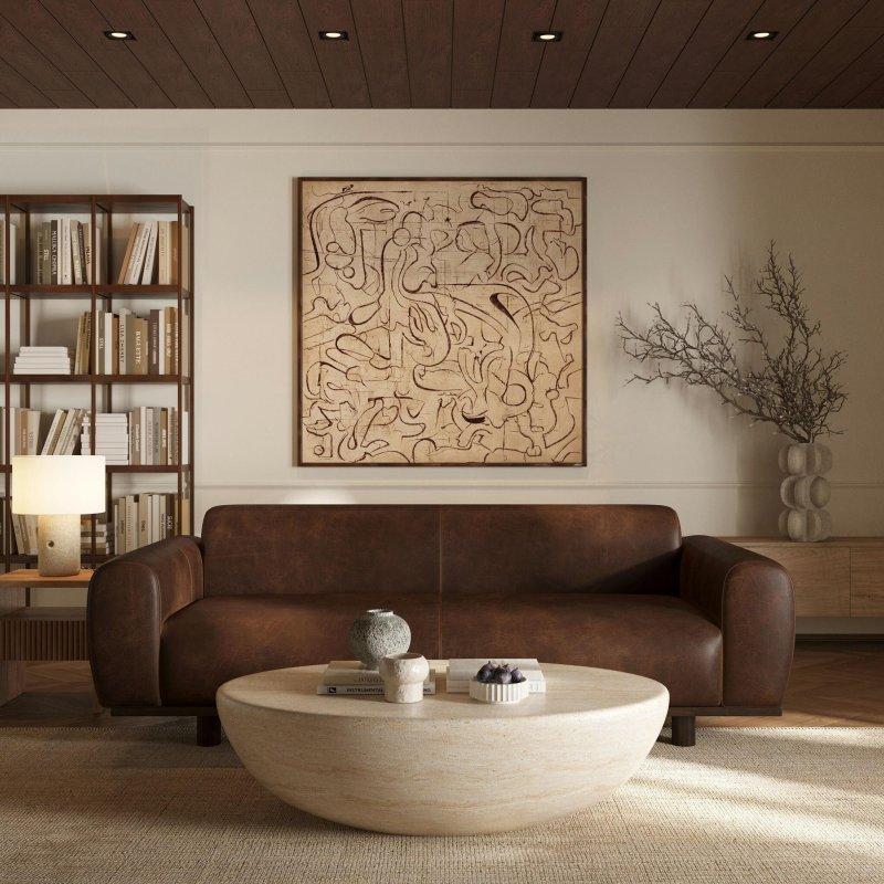 Çikolata Kahve Deri Yuvarlak Kollu Masif Ahşap Ceviz Bazalı Bohem Koltuk - 234x102x81 cm - 284177