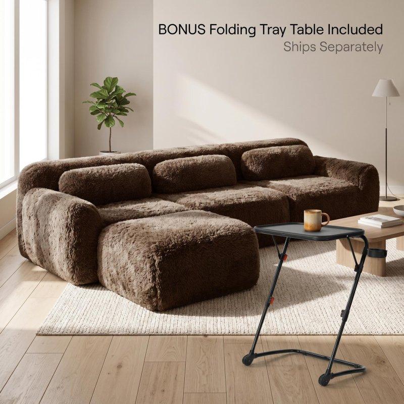 Çikolata Kahve Peluş Kumaş Modüler Puflu L Şekilli Bohem Koltuk - 292x179 cm - 287729
