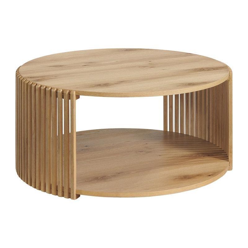 Çıtalı Tasarım Açık Raflı ve Gizli Tekerlekli Masif Ahşap ve MDF Yuvarlak Orta Sehpa - Çap 87 cm - 244490