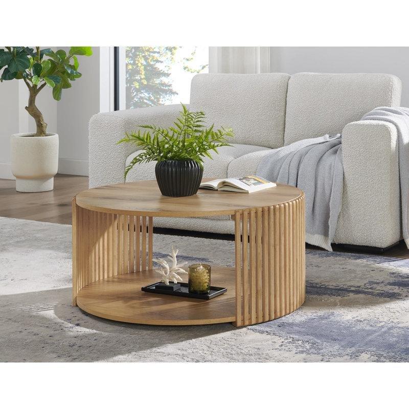 Çıtalı Tasarım Açık Raflı ve Gizli Tekerlekli Masif Ahşap ve MDF Yuvarlak Orta Sehpa - Çap 87 cm - 244490