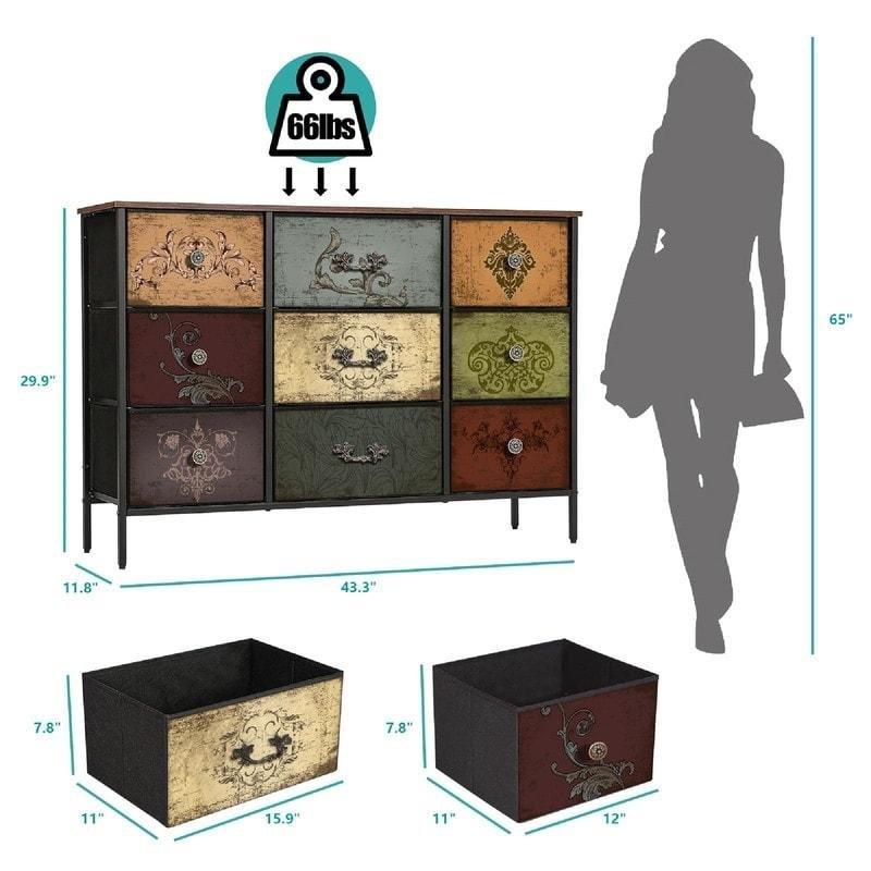 Çok Renkli Çelik ve Ahşap Çiçek Desenli 9 Kumaş Çekmeceli Şifonyer - 110x30x76 cm - 306628