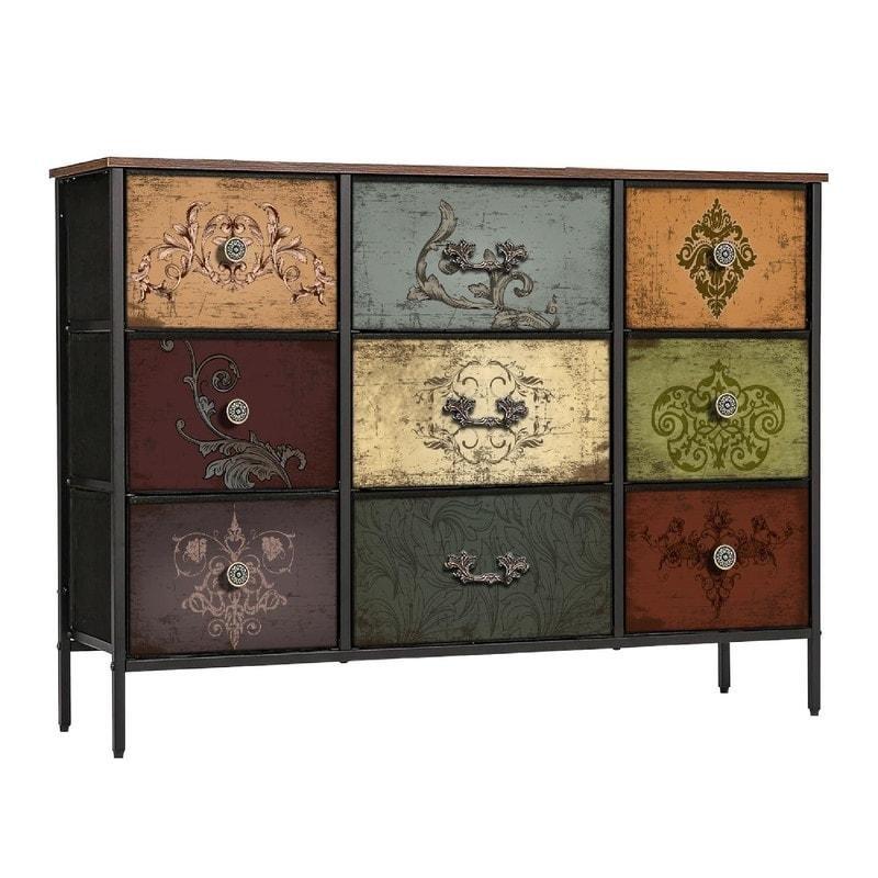 Çok Renkli Çelik ve Ahşap Çiçek Desenli 9 Kumaş Çekmeceli Şifonyer - 110x30x76 cm - 306628
