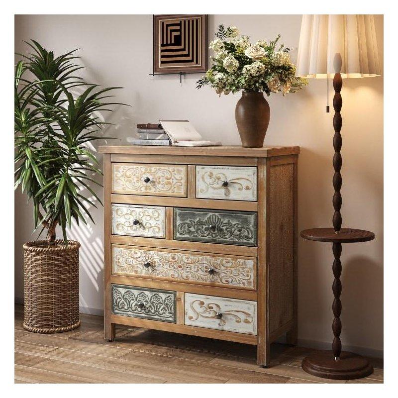 Çok Renkli Masif Ahşap Oymalı 7 Çekmeceli Vintage Şifonyer - 65x81x32 cm - 302639