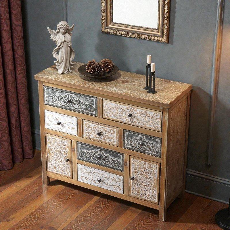 Çok Renkli MDF ve Masif Ahşap 7 Çekmeceli 2 Kapaklı Oymalı Bohem Konsol - 100x92x35 cm - 325558
