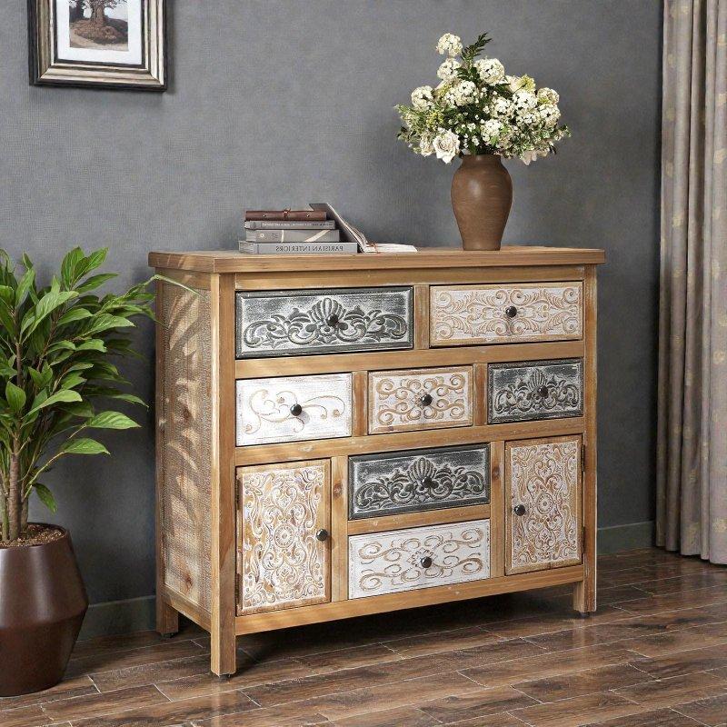 Çok Renkli MDF ve Masif Ahşap 7 Çekmeceli 2 Kapaklı Oymalı Bohem Konsol - 100x92x35 cm - 325558