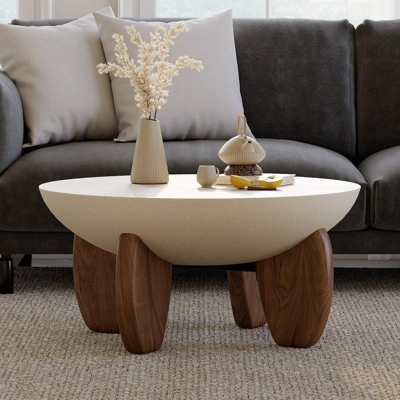 Çöl Kumu Beton Tabla Masif Dişbudak Ayaklı Yuvarlak Orta Sehpa - 76 cm - 244820
