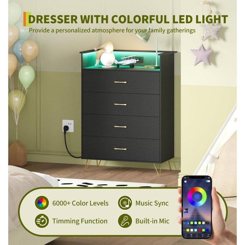 Dahili Prizli ve USB Portlu RGB LED Aydınlatmalı 4 Çekmeceli Ahşap Şifonyer - 310610