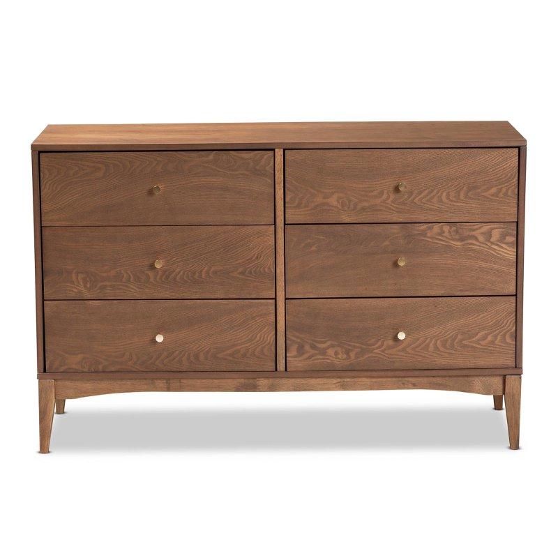 Dişbudak Ceviz Rengi Ahşap 6 Çekmeceli Gold Kulplu Şifonyer - 120 cm - 305480