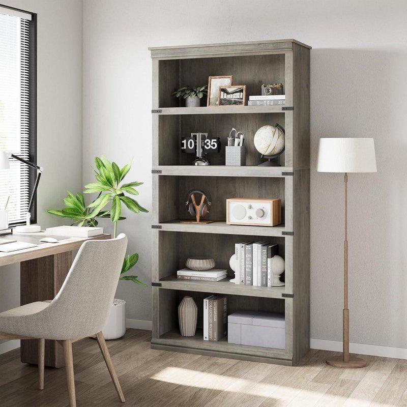 Doğal Ahşap 5 Raflı Metal Detaylı Kitaplık - 172 cm - 312596