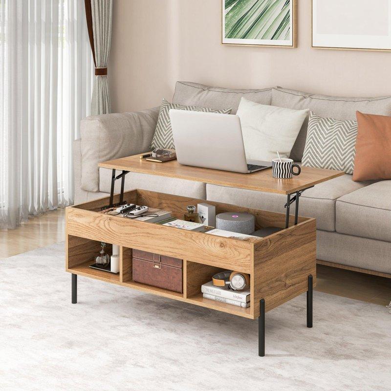 Doğal Ahşap Asansörlü Saklama Bölmeli Akıllı Sehpa - 101x50x46 cm - 254338