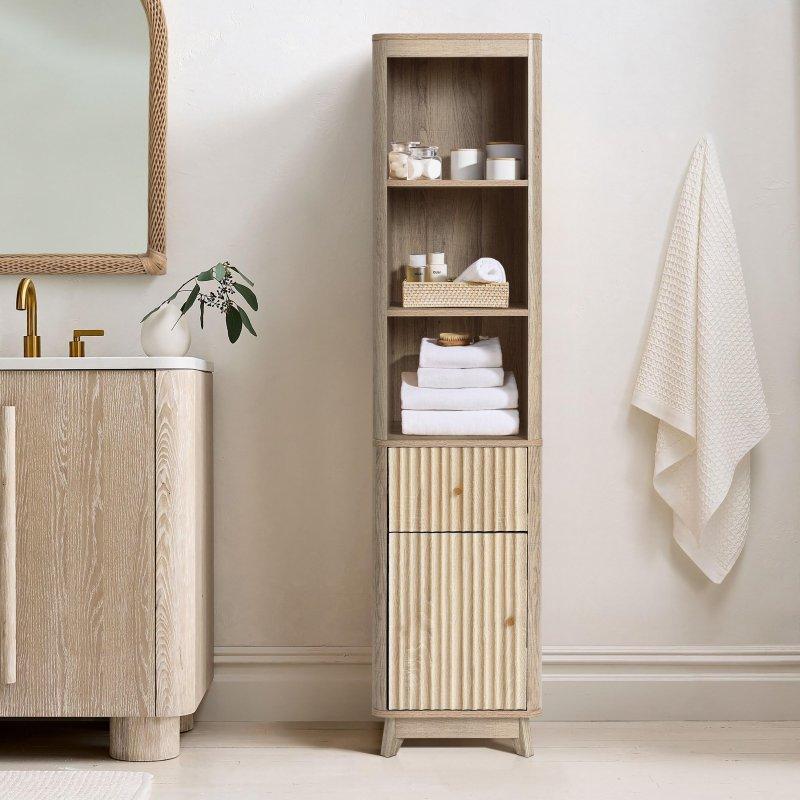 Doğal Ahşap Dalga Desenli MDF Çekmeceli ve Raflı Masif Ayaklı Çok Amaçlı Banyo Dolabı - 173x41x36 cm - 333682