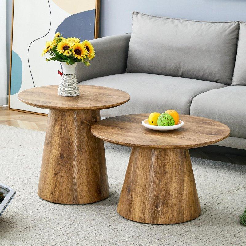 Doğal Ahşap Dokulu MDF İç İçe Geçen Yuvarlak Orta Sehpa Seti - 60x36 cm - 242027