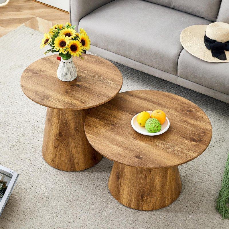 Doğal Ahşap Dokulu MDF İç İçe Geçen Yuvarlak Orta Sehpa Seti - 60x36 cm - 242027
