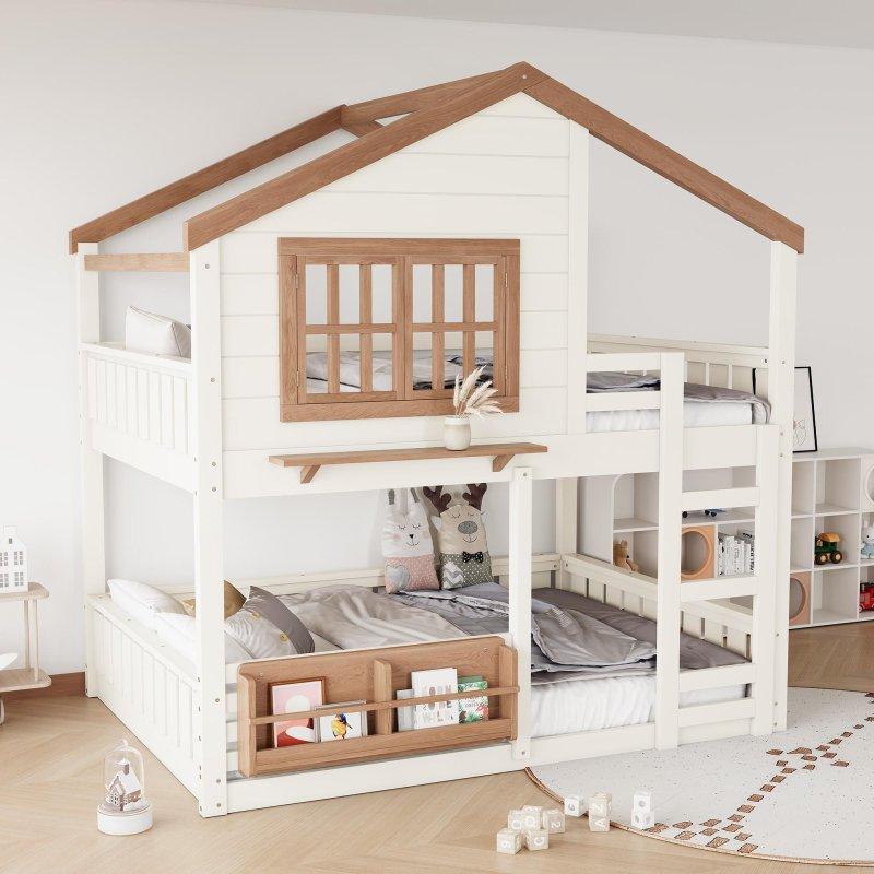 Doğal Ahşap Ev Tasarımlı Kitaplıklı Ranza - 251113
