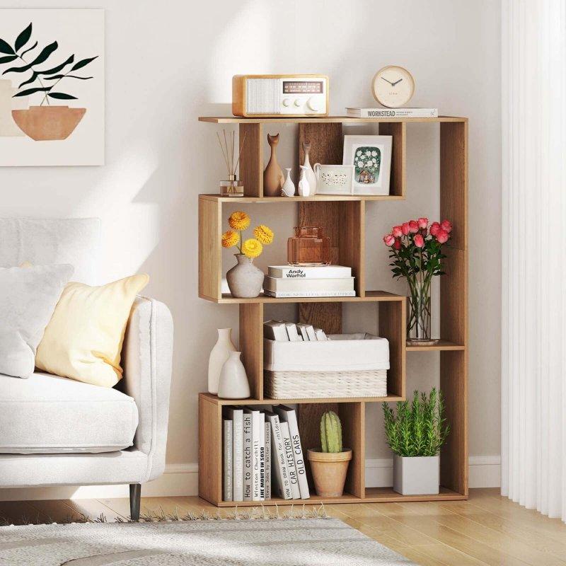 Doğal Ahşap Geometrik 6 Bölmeli Kitaplık - 81x31x120 cm - 318301