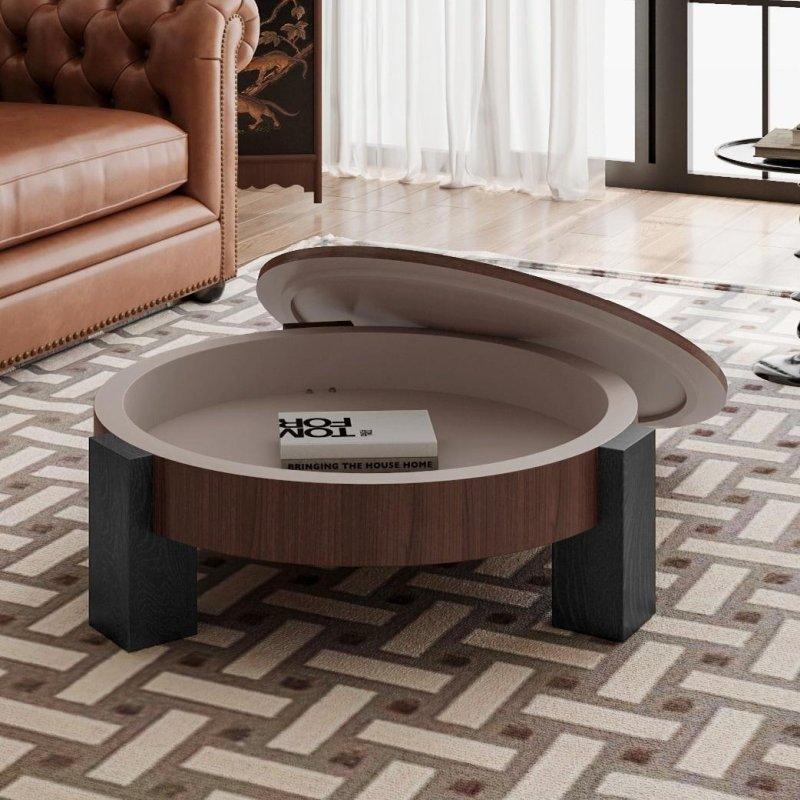 Doğal Ahşap Gizli Depolamalı Parke Desenli Yuvarlak Orta Sehpa - 84 cm - 243499