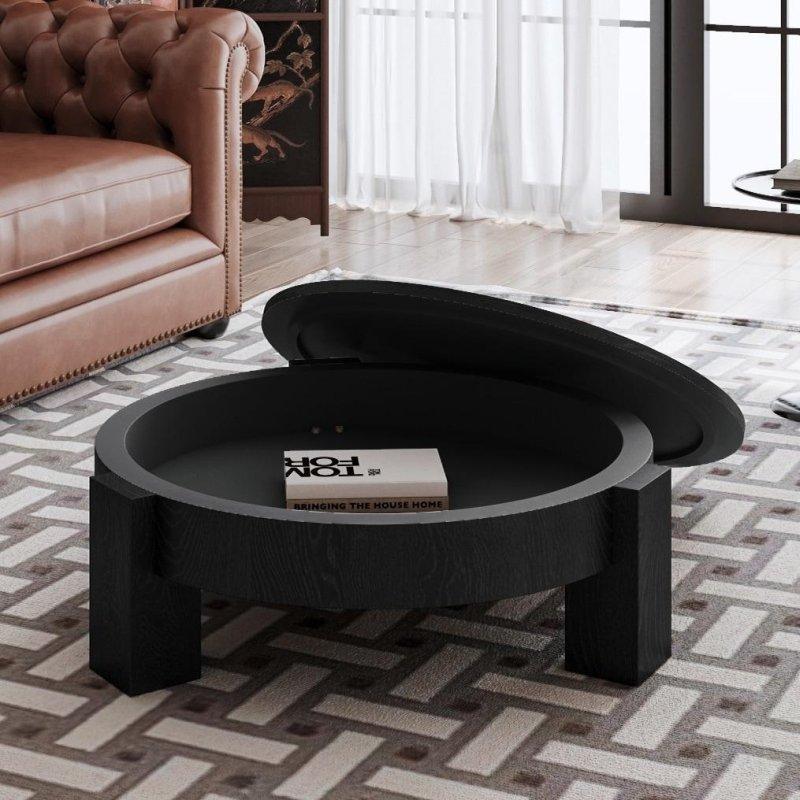 Doğal Ahşap Gizli Depolamalı Parke Desenli Yuvarlak Orta Sehpa - 84 cm - 243499