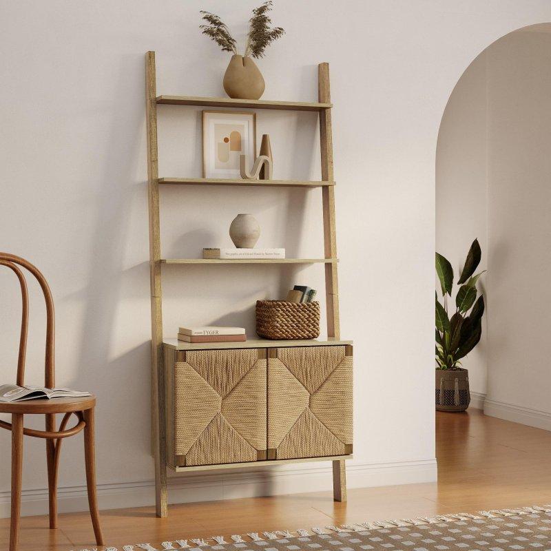 Doğal Ahşap Hasır Detaylı Dolaplı Merdiven Tipi Kitaplık - 181x81 cm - 314502