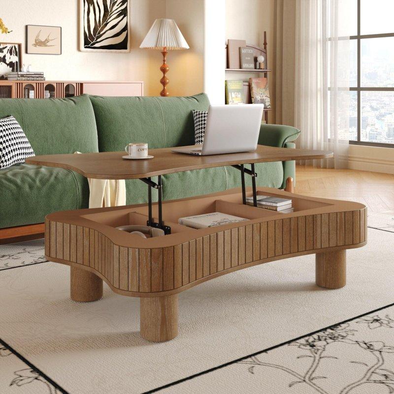 Doğal Ahşap Kaldırılabilir Tablalı ve Depolama Alanlı Akıllı Sehpa - 107x69 cm - 254260