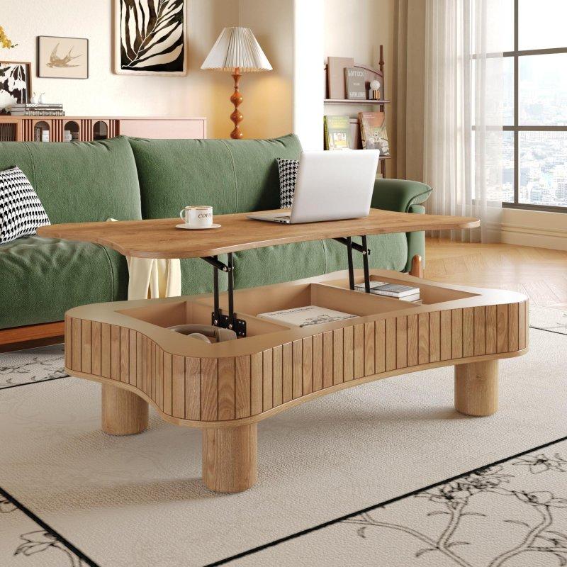 Doğal Ahşap Kaldırılabilir Tablalı ve Gizli Depolamalı Bulut Tasarım Akıllı Sehpa - 109x70 cm - 253983