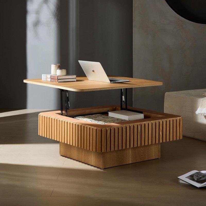 Doğal Ahşap Kaplama Gizli Depolamalı Asansörlü MDF Akıllı Sehpa - 90x90x38 cm - 253580