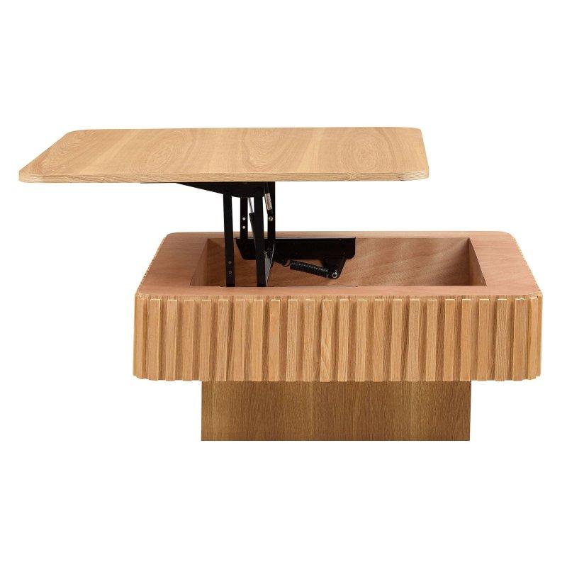 Doğal Ahşap Kaplama Gizli Depolamalı Asansörlü MDF Akıllı Sehpa - 90x90x38 cm - 253580
