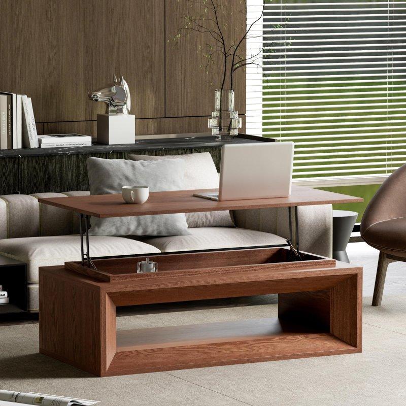 Doğal Ahşap Kaplama MDF Asansörlü ve Saklama Alanlı Akıllı Sehpa - 110 cm - 254403
