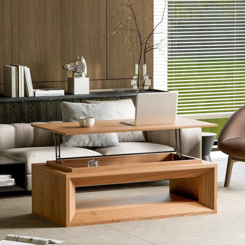 Doğal Ahşap Kaplama MDF Asansörlü ve Saklama Alanlı Akıllı Sehpa - 110 cm - 254403