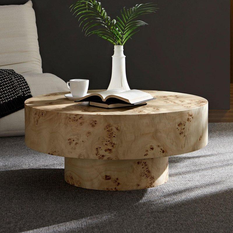 Doğal Ahşap Kaplama MDF Pedestal Ayaklı Yuvarlak Orta Sehpa - 80 cm - 242206
