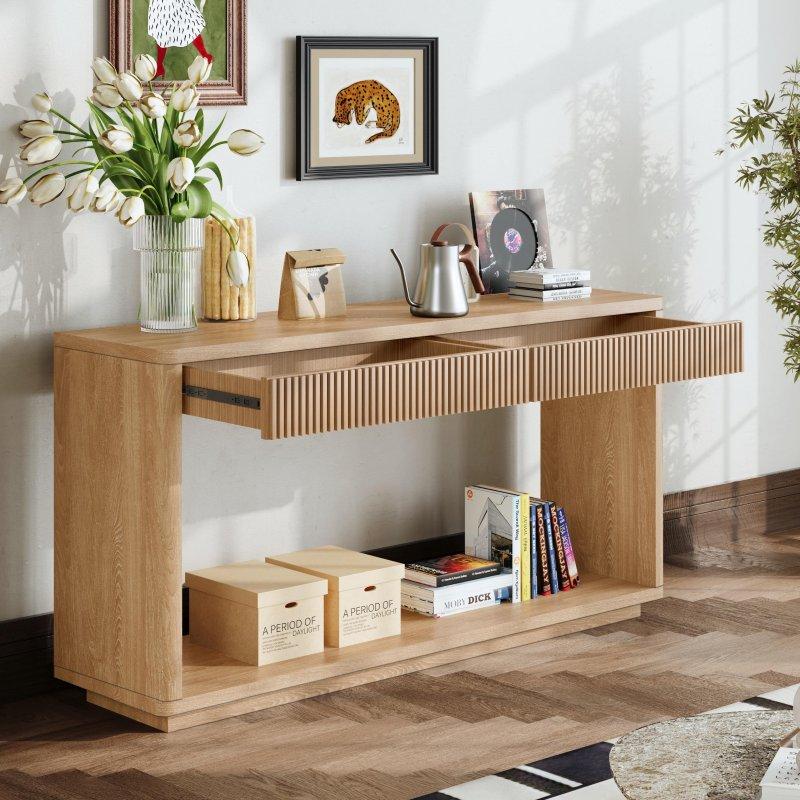 Doğal Ahşap Kaplama MDF Yivli 2 Çekmeceli Dresuar - 152 cm - 331022