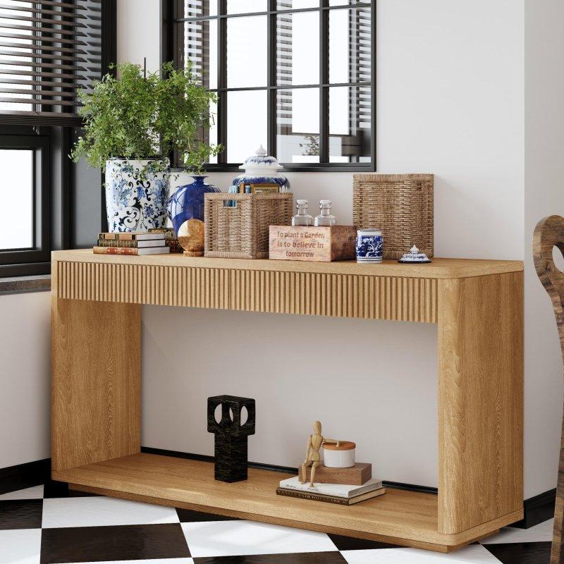 Doğal Ahşap Kaplama MDF Yivli 2 Çekmeceli Dresuar - 152 cm - 331022