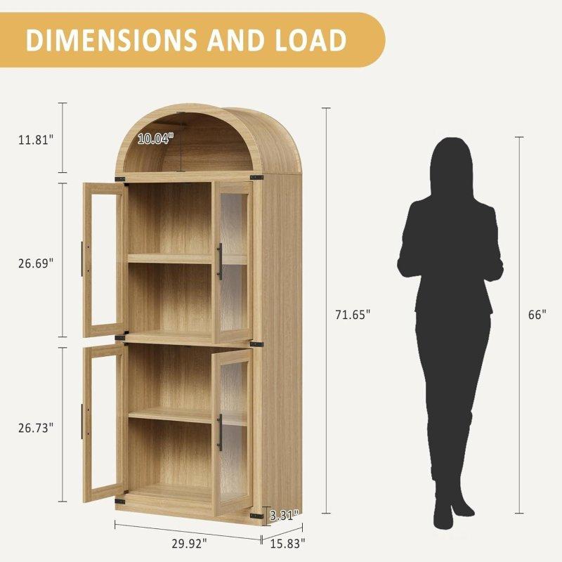 Doğal Ahşap Kemerli 6 Raflı Cam Kapaklı Kitaplık - 182 cm - 239060