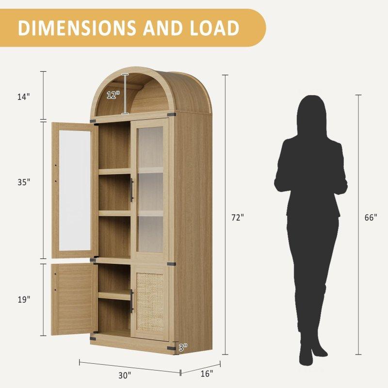 Doğal Ahşap Kemerli 6 Raflı Rattan ve Cam Kapaklı Kitaplık - 183 cm - 238910