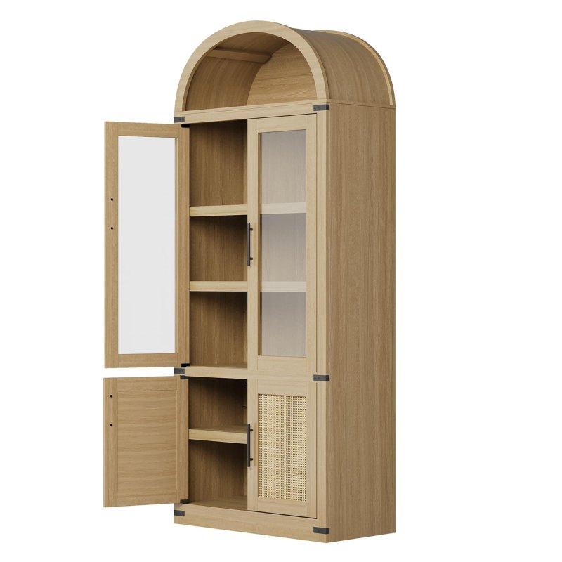 Doğal Ahşap Kemerli 6 Raflı Rattan ve Cam Kapaklı Kitaplık - 183 cm - 238910