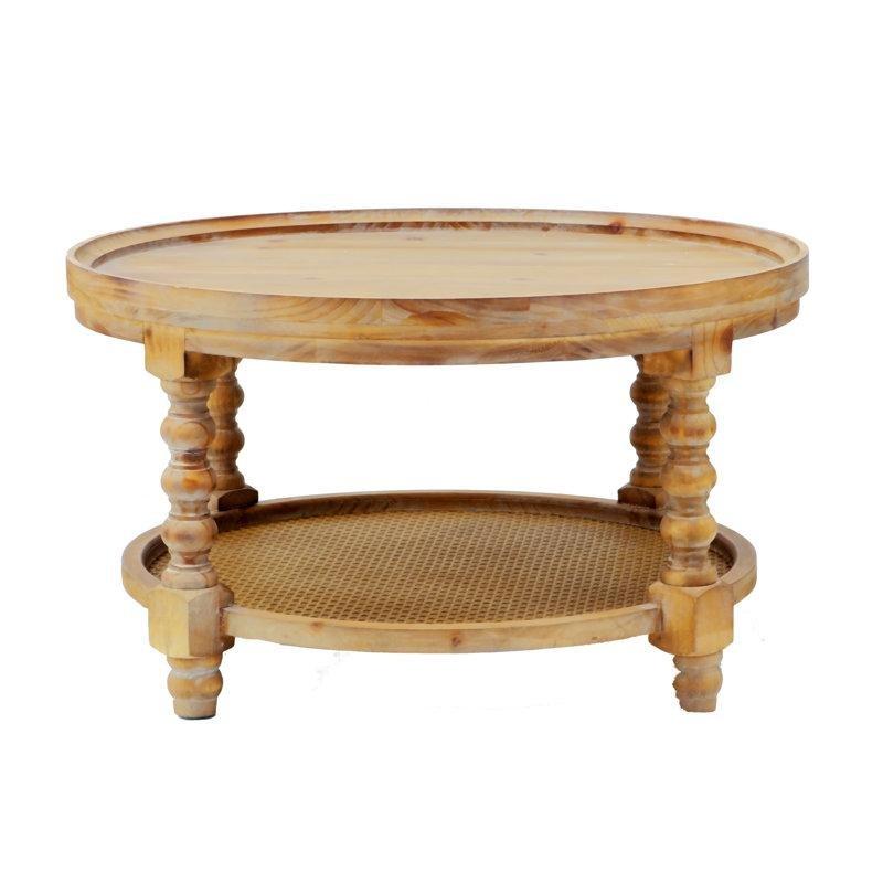 Doğal Ahşap Köknar ve Hasır Raflı Tornalı Ayaklı Yuvarlak Orta Sehpa - 76 cm - 244994