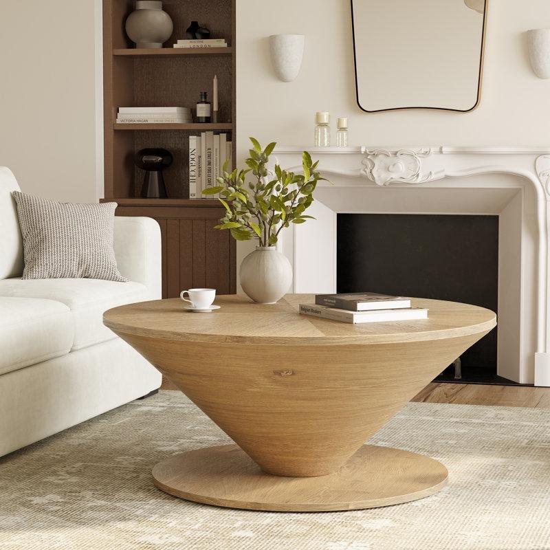 Doğal Ahşap Konik Ayaklı Radyal Desenli Yuvarlak Orta Sehpa - 91 cm - 245156