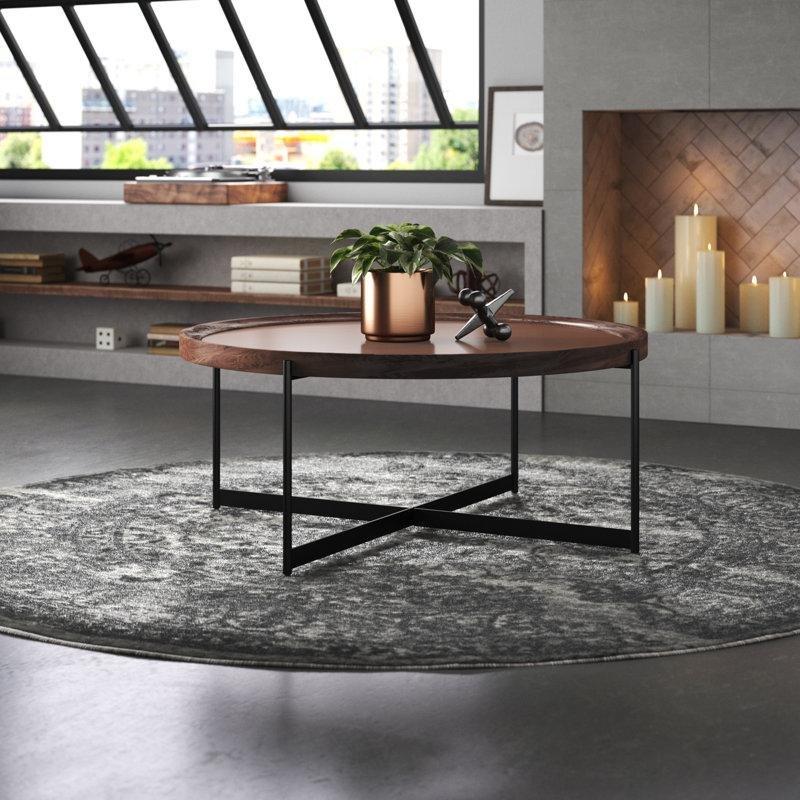 Doğal Ahşap Masif Akasya Ağacı Tepsi Tasarımlı Metal Ayaklı Yuvarlak Orta Sehpa - 107 cm - 245141