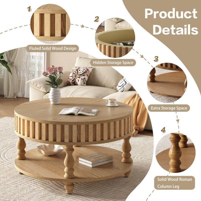 Doğal Ahşap Masif Ayaklı Saklama Alanlı Açılır Kapaklı Yuvarlak Orta Sehpa - 80x42 cm - 242075