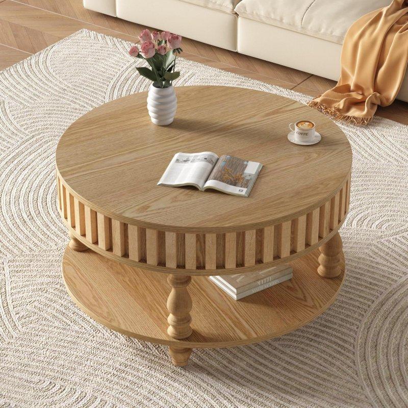 Doğal Ahşap Masif Ayaklı Saklama Alanlı Açılır Kapaklı Yuvarlak Orta Sehpa - 80x42 cm - 242075