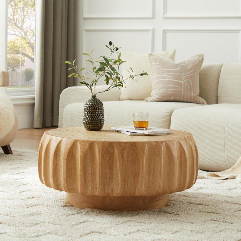Doğal Ahşap Masif Huş ve MDF 3D Oymalı Raflı Yuvarlak Orta Sehpa - 81 cm - 241190