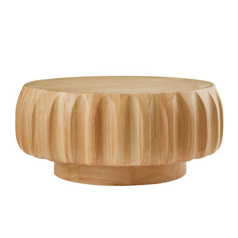 Doğal Ahşap Masif Huş ve MDF 3D Oymalı Raflı Yuvarlak Orta Sehpa - 81 cm - 241190