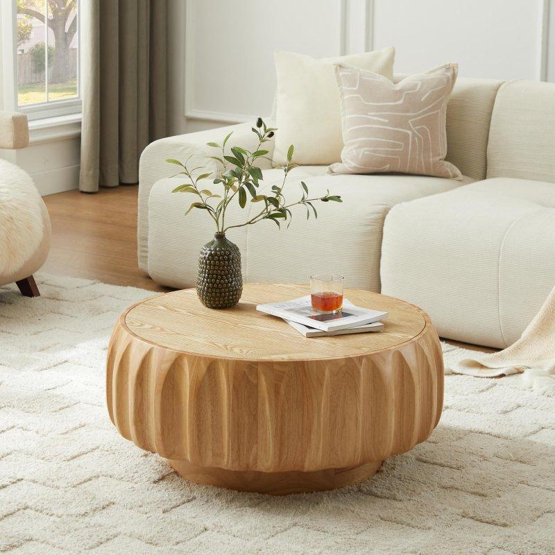 Doğal Ahşap Masif Huş ve MDF 3D Oymalı Raflı Yuvarlak Orta Sehpa - 81 cm - 241190