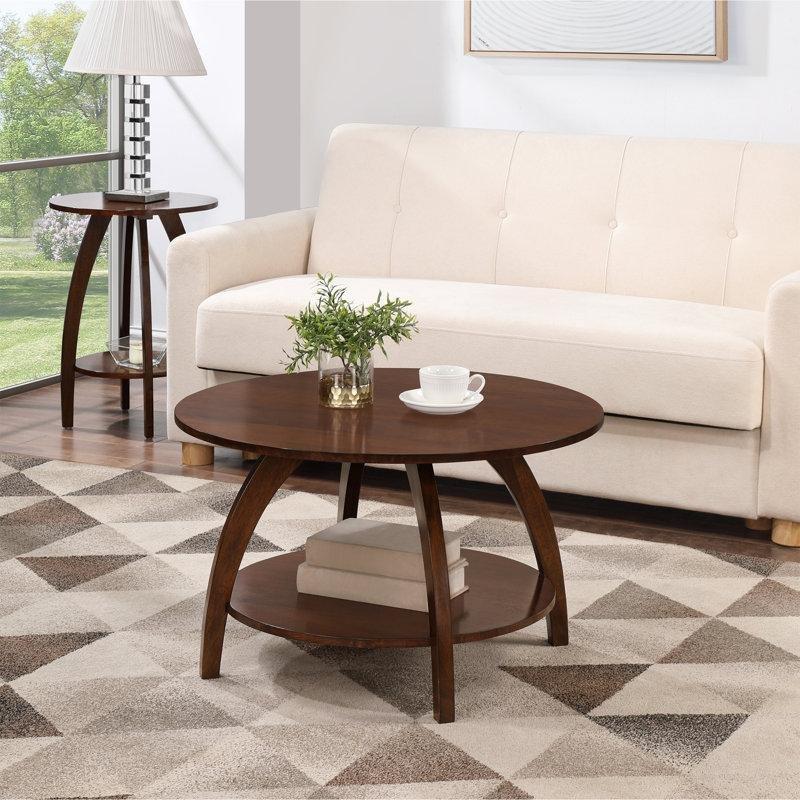 Doğal Ahşap Masif Raflı Kavisli Ayaklı Yuvarlak Orta Sehpa - 77x46 cm - 245936