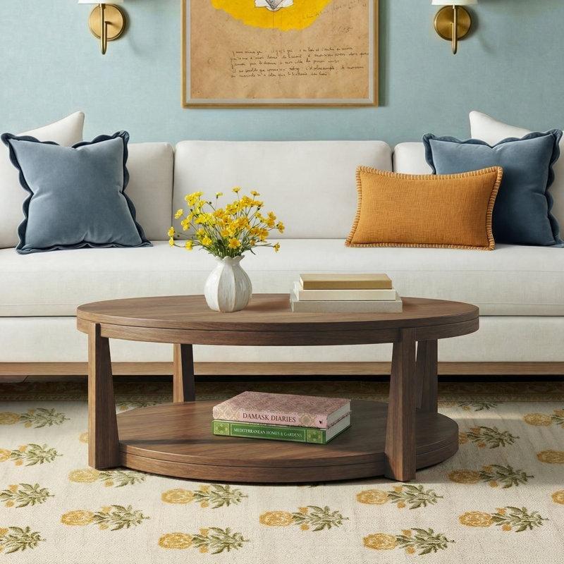 Doğal Ahşap Masif Raflı Yuvarlak Orta Sehpa - 122x41 cm - 244796