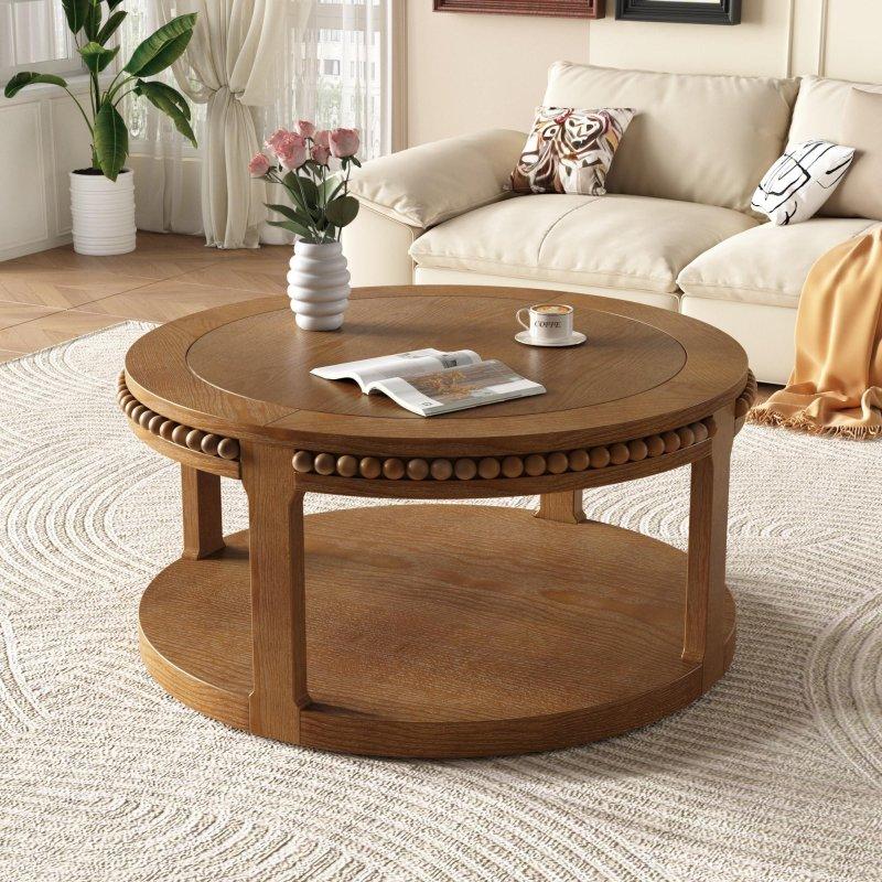 Doğal Ahşap Masif ve MDF İki Katlı Raflı Yuvarlak Orta Sehpa - 81 cm - 242636