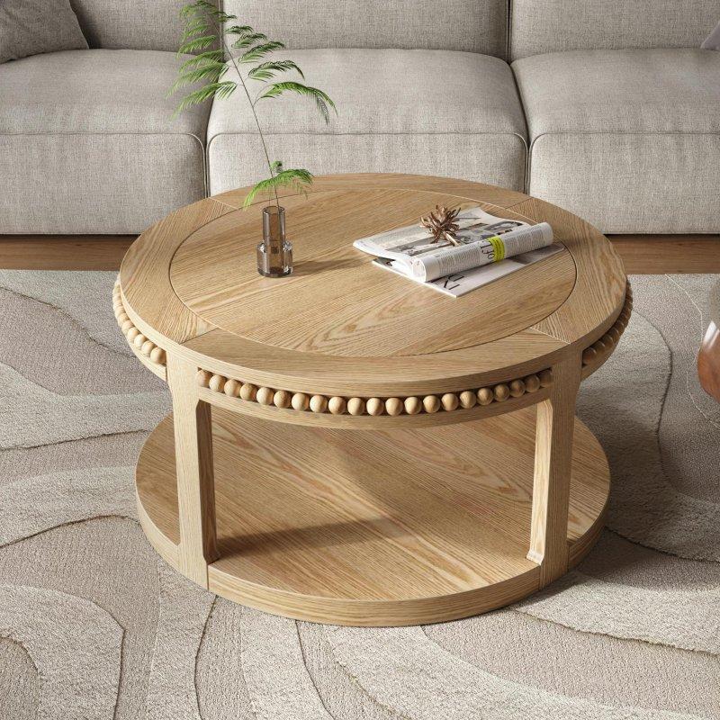 Doğal Ahşap Masif ve MDF İki Katlı Raflı Yuvarlak Orta Sehpa - 81 cm - 242636