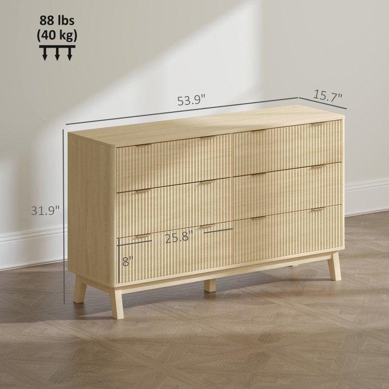 Doğal Ahşap MDF 6 Çekmeceli Yivli Gold Kulplu Şifonyer - 137 cm - 295345