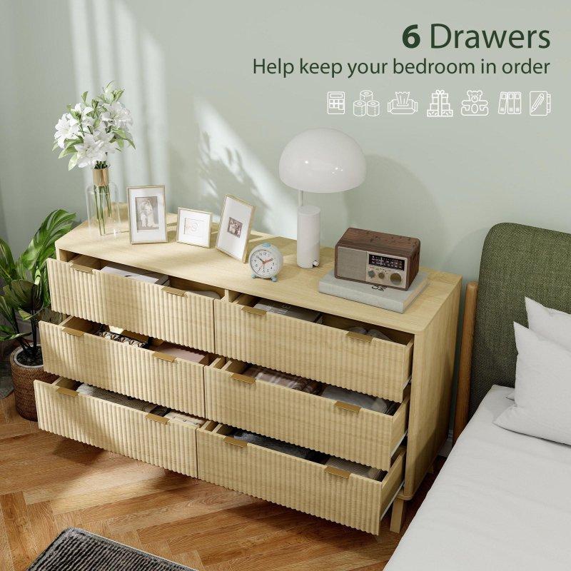 Doğal Ahşap MDF 6 Çekmeceli Yivli Gold Kulplu Şifonyer - 137 cm - 295345