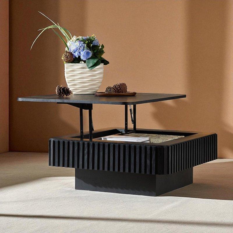 Doğal Ahşap MDF Asansörlü Gizli Depolamalı Kare Akıllı Sehpa - 90x90 cm - 254410